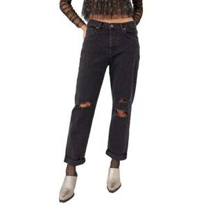 Free People Bren Boyfriend Jeans Womens 27 Black Distressed Boho Button Fly NWT